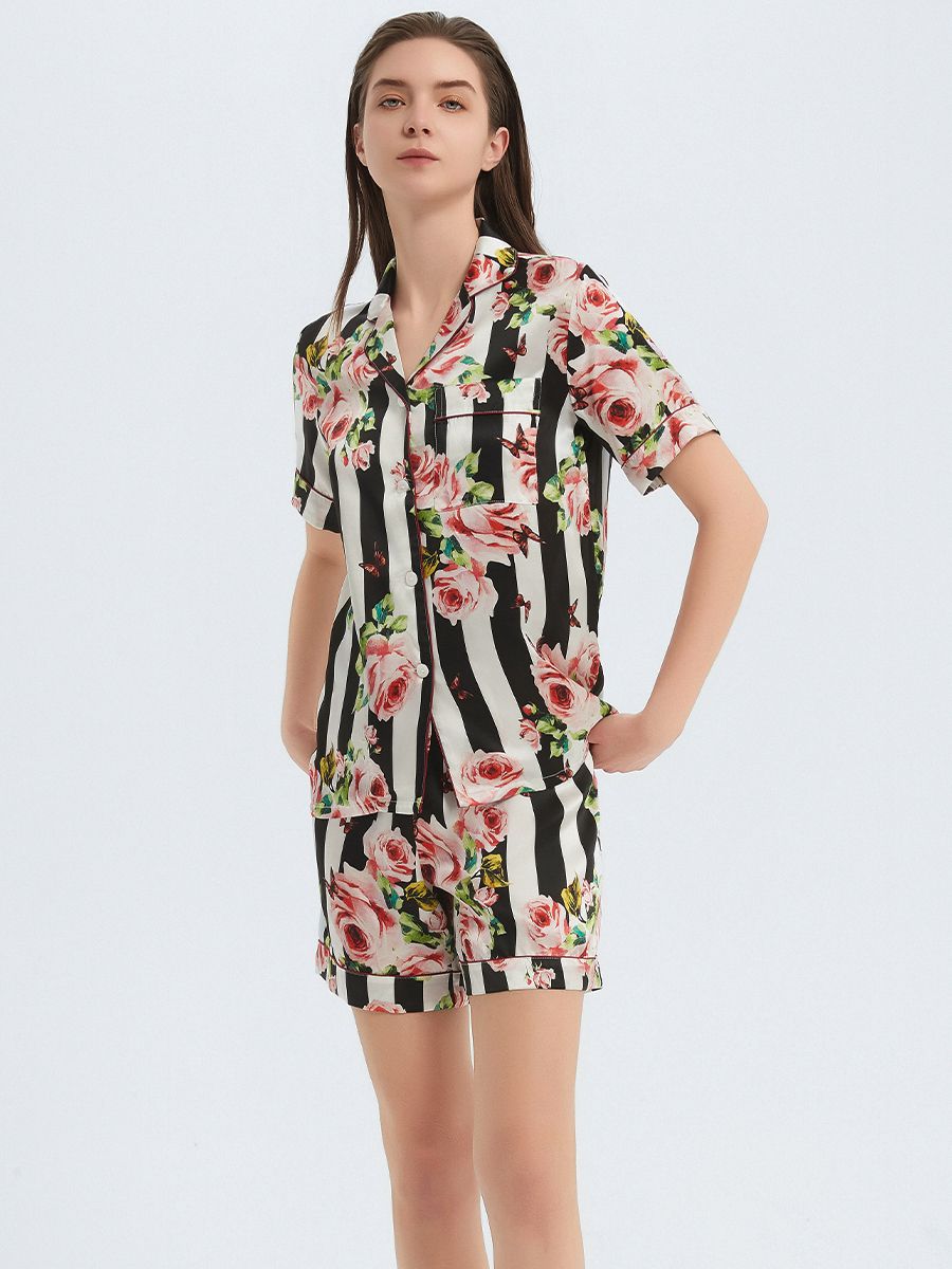 22 Momme Floral Striped Women Mulberry Silk Pajama Shorts Set