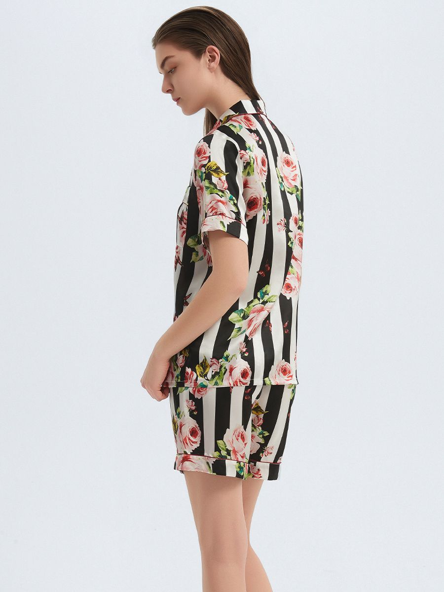 22 Momme Floral Striped Women Mulberry Silk Pajama Shorts Set