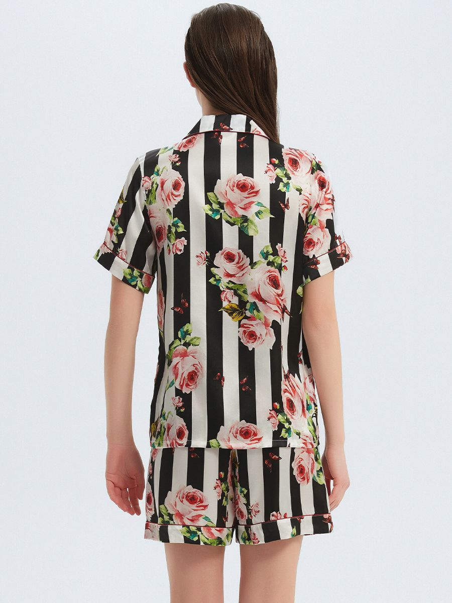 22 Momme Floral Striped Women Mulberry Silk Pajama Shorts Set