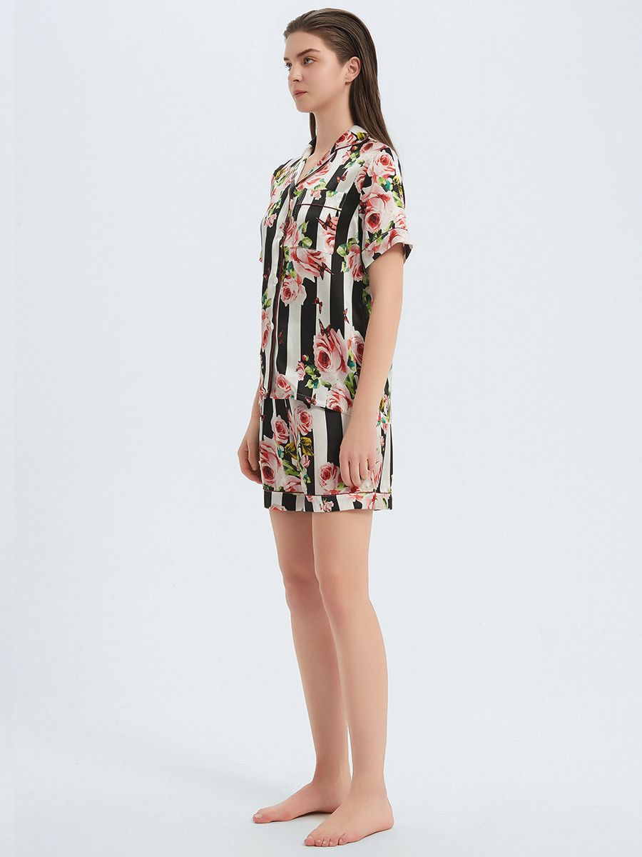 22 Momme Floral Striped Women Mulberry Silk Pajama Shorts Set