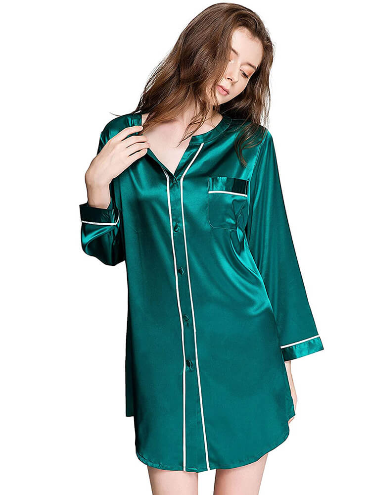 22 Momme Long Sleeve Button-up Chic Piped V-Neck Silk Nightshirt