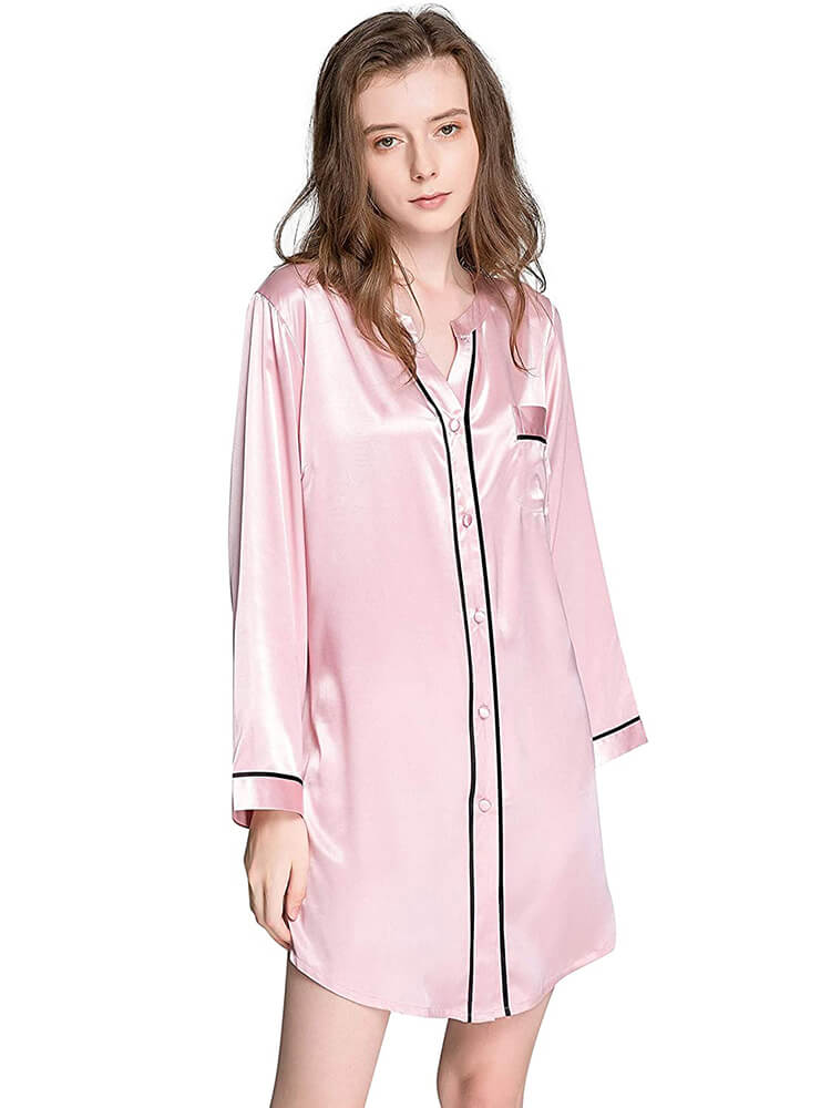 22 Momme Long Sleeve Button-up Chic Piped V-Neck Silk Nightshirt