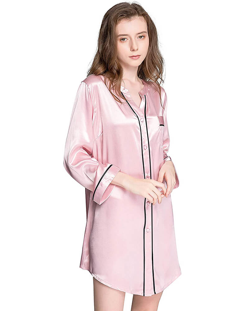 22 Momme Long Sleeve Button-up Chic Piped V-Neck Silk Nightshirt