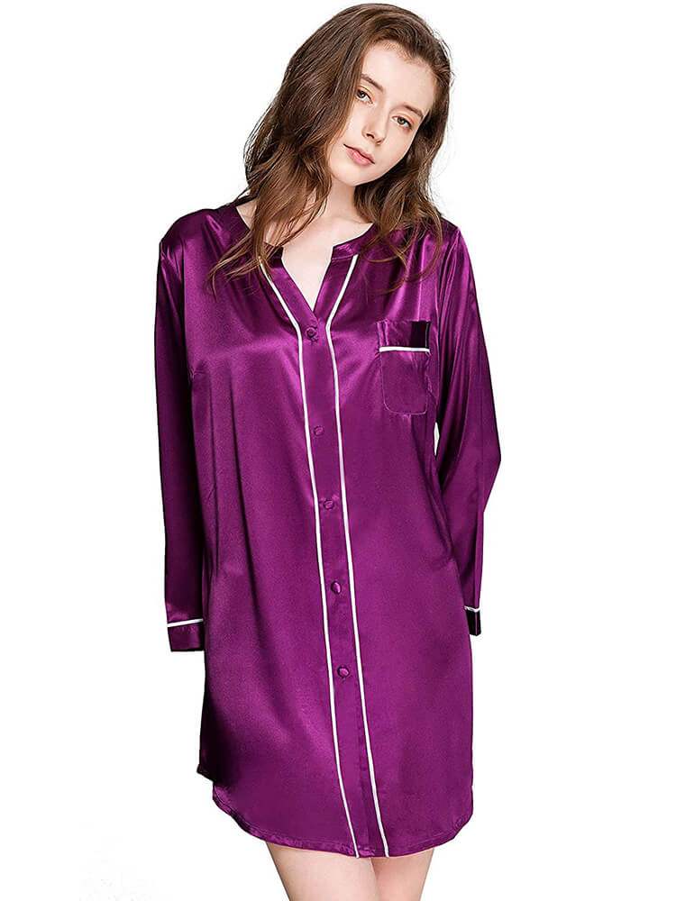 22 Momme Long Sleeve Button-up Chic Piped V-Neck Silk Nightshirt