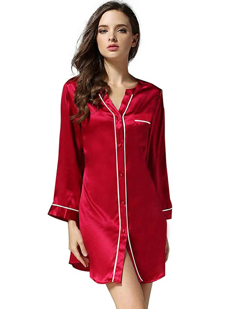 22 Momme Long Sleeve Button-up Chic Piped V-Neck Silk Nightshirt