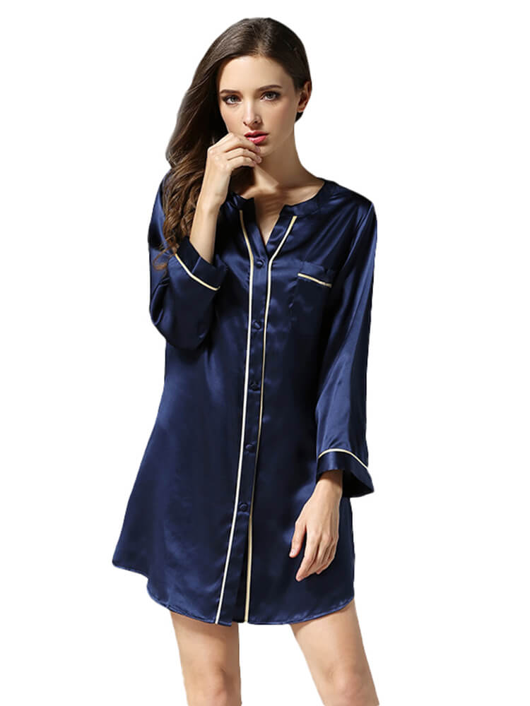 22 Momme Long Sleeve Button-up Chic Piped V-Neck Silk Nightshirt