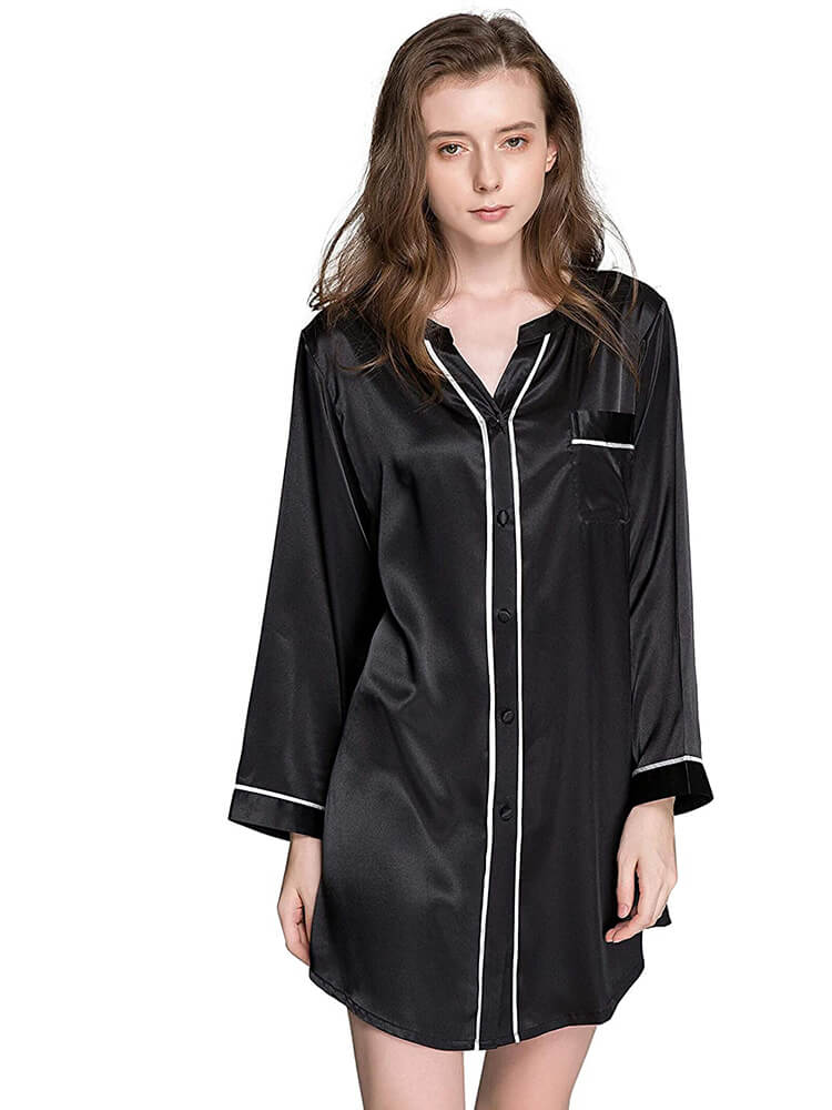 22 Momme Long Sleeve Button-up Chic Piped V-Neck Silk Nightshirt