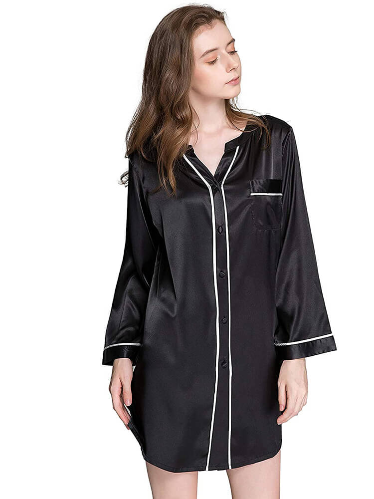 22 Momme Long Sleeve Button-up Chic Piped V-Neck Silk Nightshirt