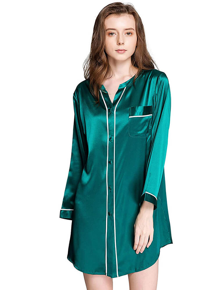 22 Momme Long Sleeve Button-up Chic Piped V-Neck Silk Nightshirt