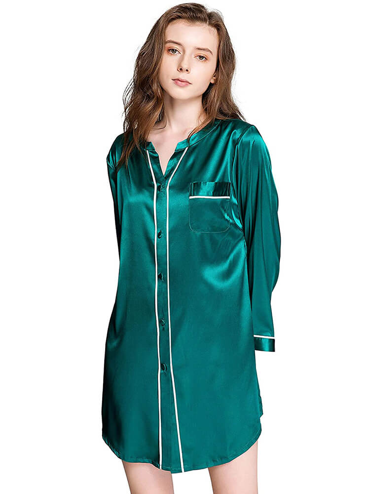 22 Momme Long Sleeve Button-up Chic Piped V-Neck Silk Nightshirt
