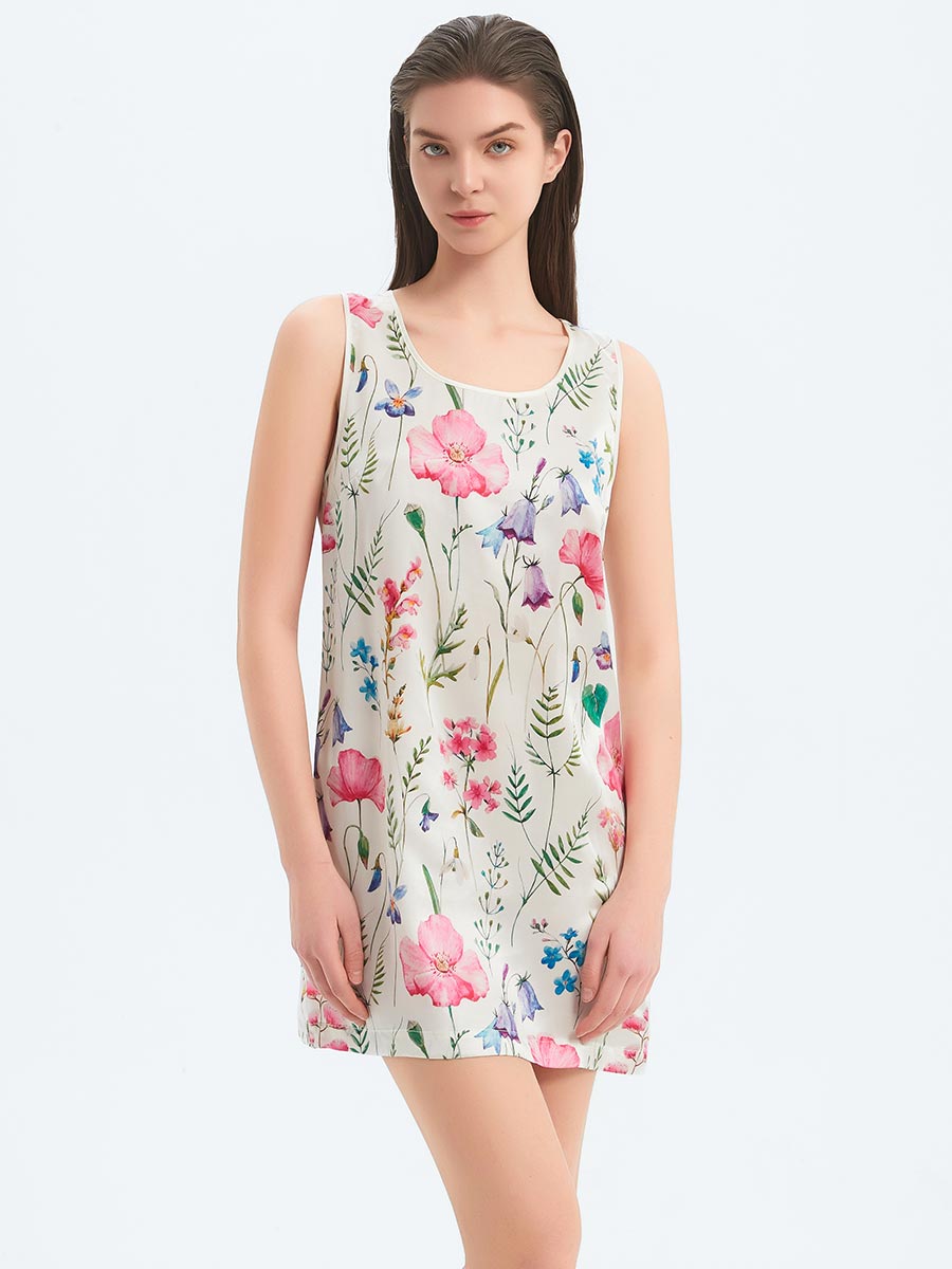 19 Momme Wildflower Print Sleeveless Scoop Neck Silk Sleep Dress