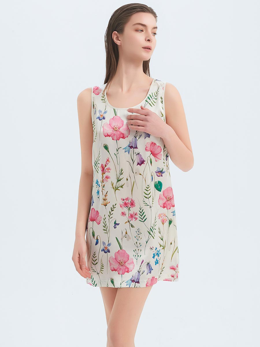 19 Momme Wildflower Print Sleeveless Scoop Neck Silk Sleep Dress