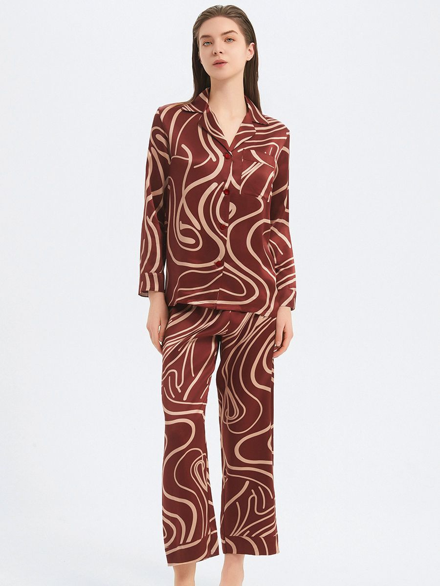 22 Momme Claret Wave Print Long Silk Pajama Set for Women
