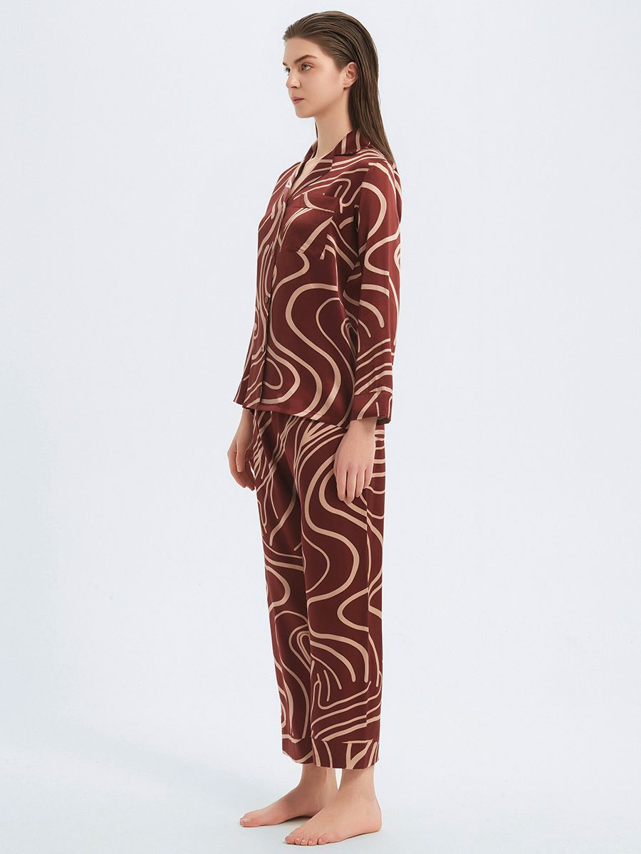 22 Momme Claret Wave Print Long Silk Pajama Set for Women