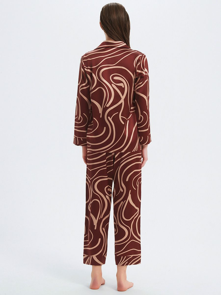 22 Momme Claret Wave Print Long Silk Pajama Set for Women