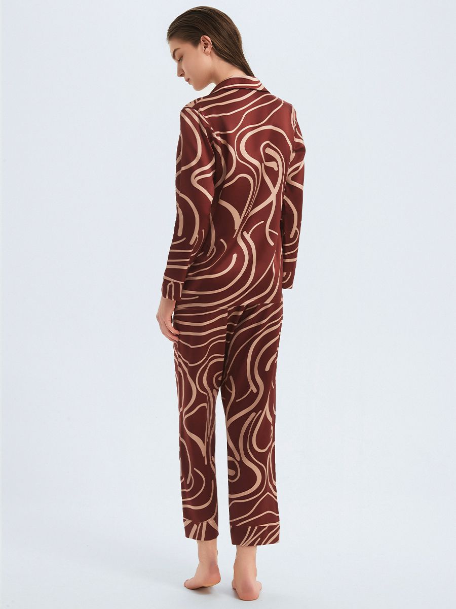 22 Momme Claret Wave Print Long Silk Pajama Set for Women