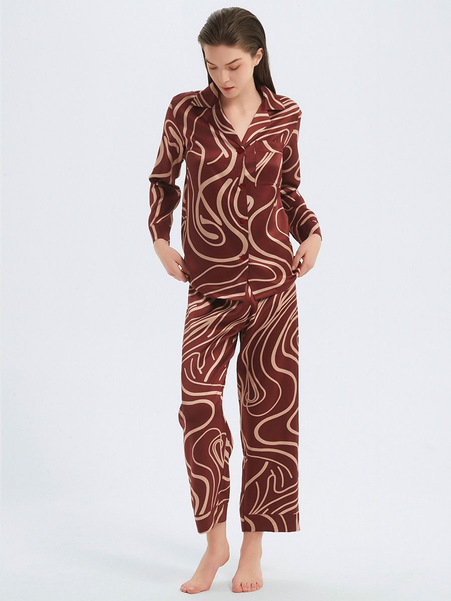22 Momme Claret Wave Print Long Silk Pajama Set for Women
