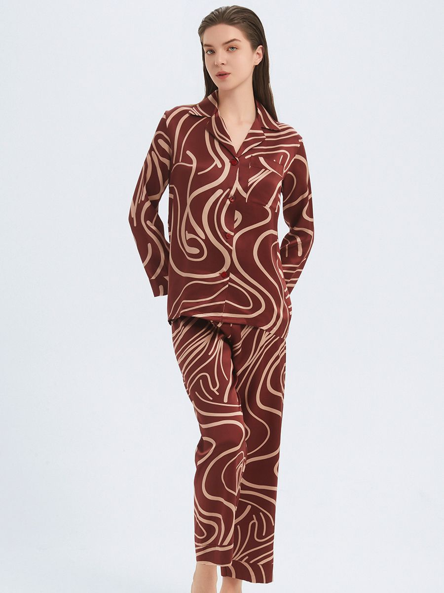 22 Momme Claret Wave Print Long Silk Pajama Set for Women