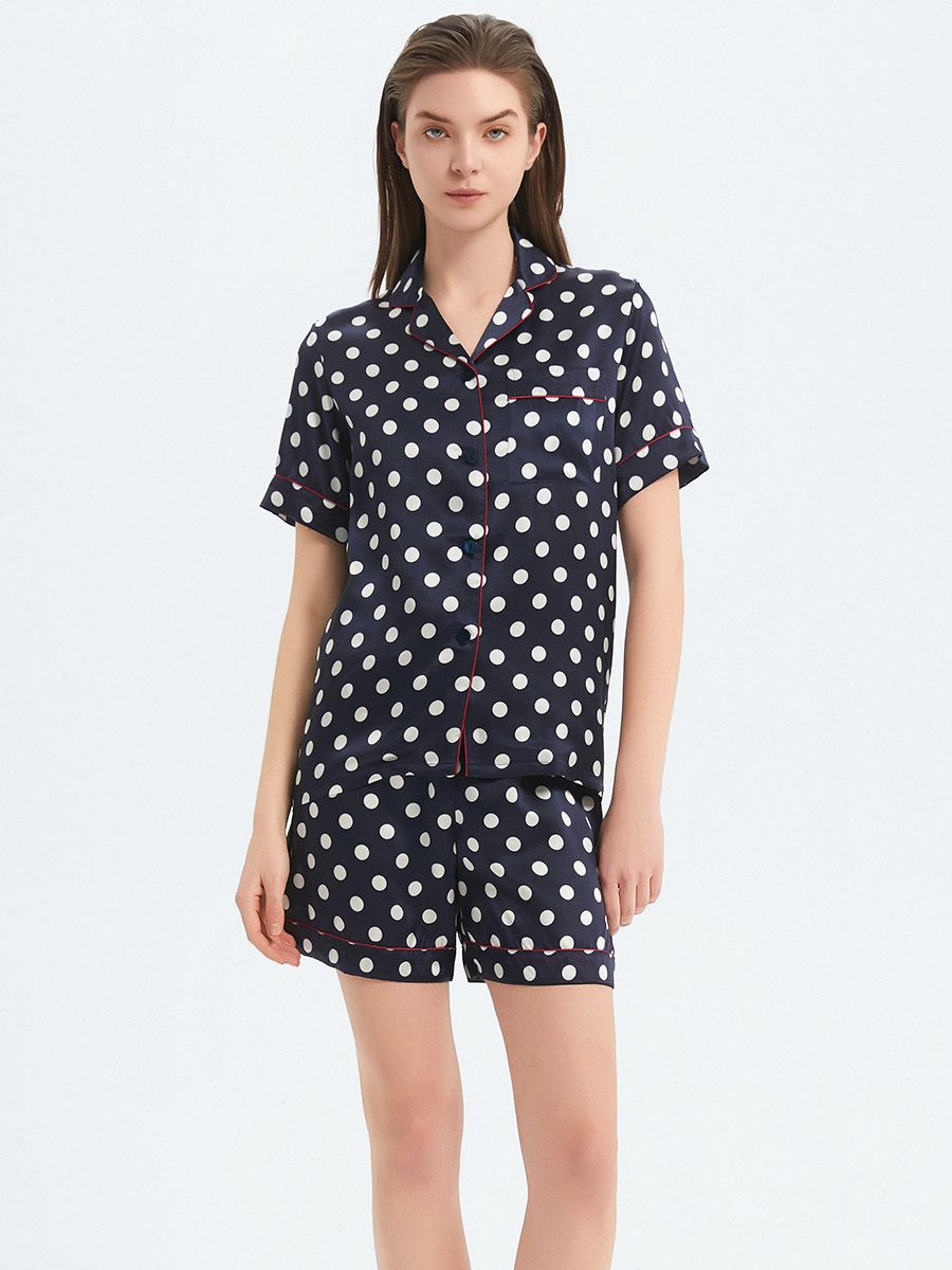 22 Momme Polka-Dot Printed Navy Blue Silk Pajama Shorts Set