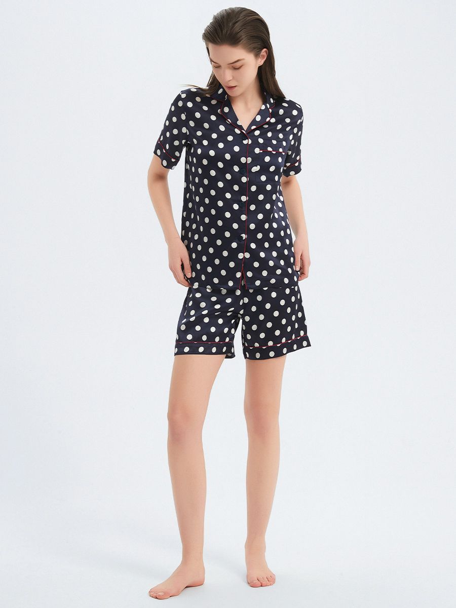 22 Momme Polka-Dot Printed Navy Blue Silk Pajama Shorts Set