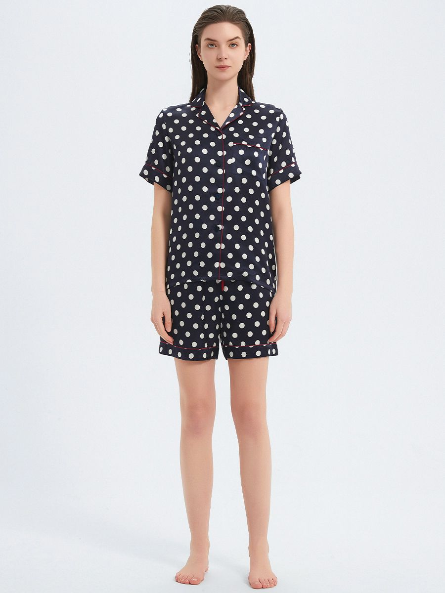 22 Momme Polka-Dot Printed Navy Blue Silk Pajama Shorts Set