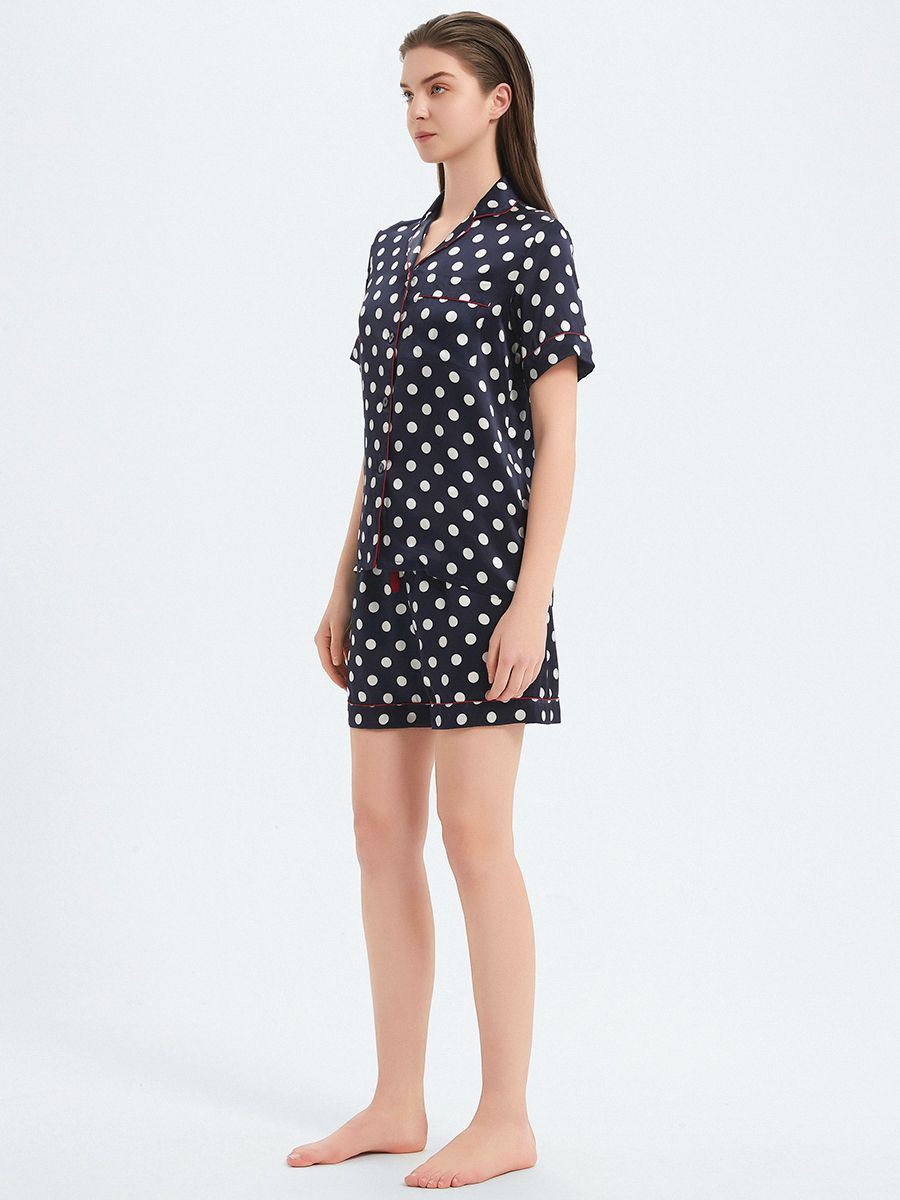 22 Momme Polka-Dot Printed Navy Blue Silk Pajama Shorts Set