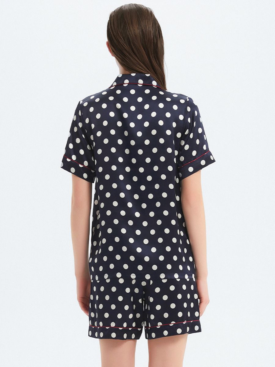 22 Momme Polka-Dot Printed Navy Blue Silk Pajama Shorts Set