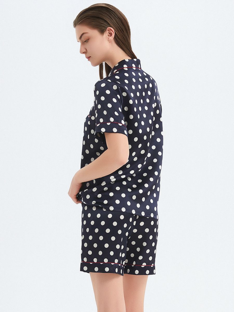 22 Momme Polka-Dot Printed Navy Blue Silk Pajama Shorts Set