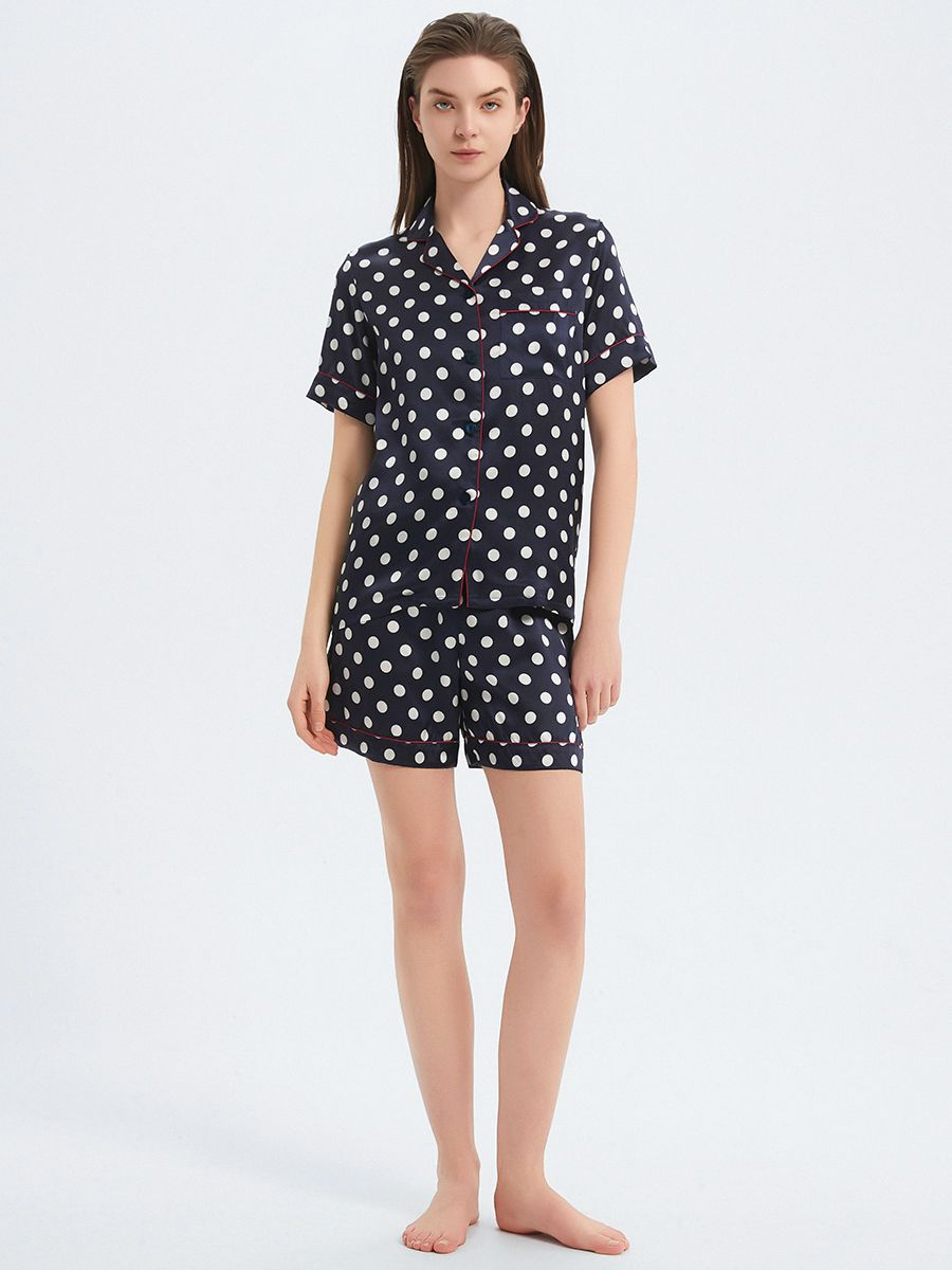 22 Momme Polka-Dot Printed Navy Blue Silk Pajama Shorts Set