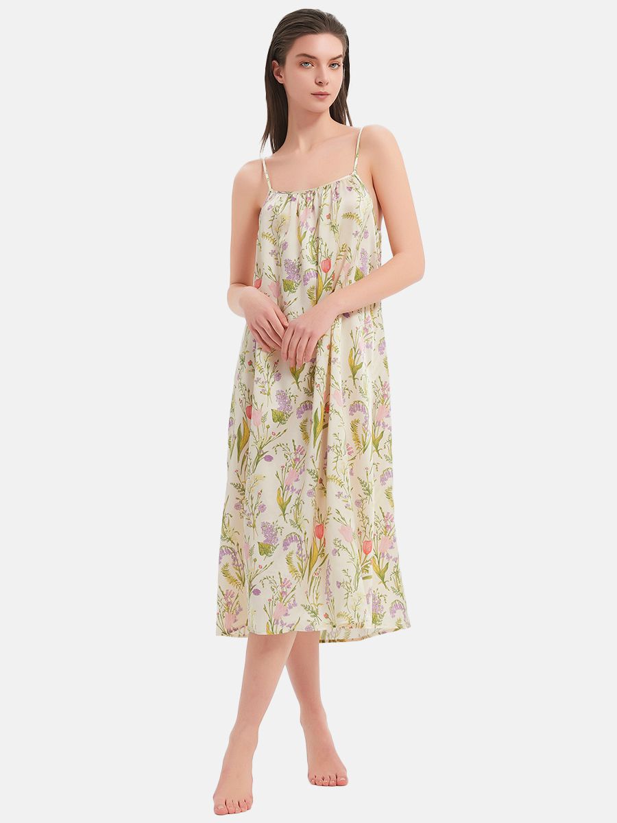 22 Momme Wildflower Print Spaghetti Strap Silk Midi Nightgown