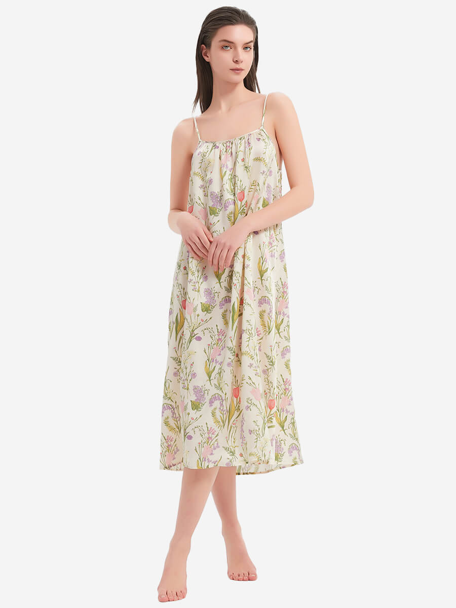 22 Momme Wildflower Print Spaghetti Strap Silk Midi Nightgown