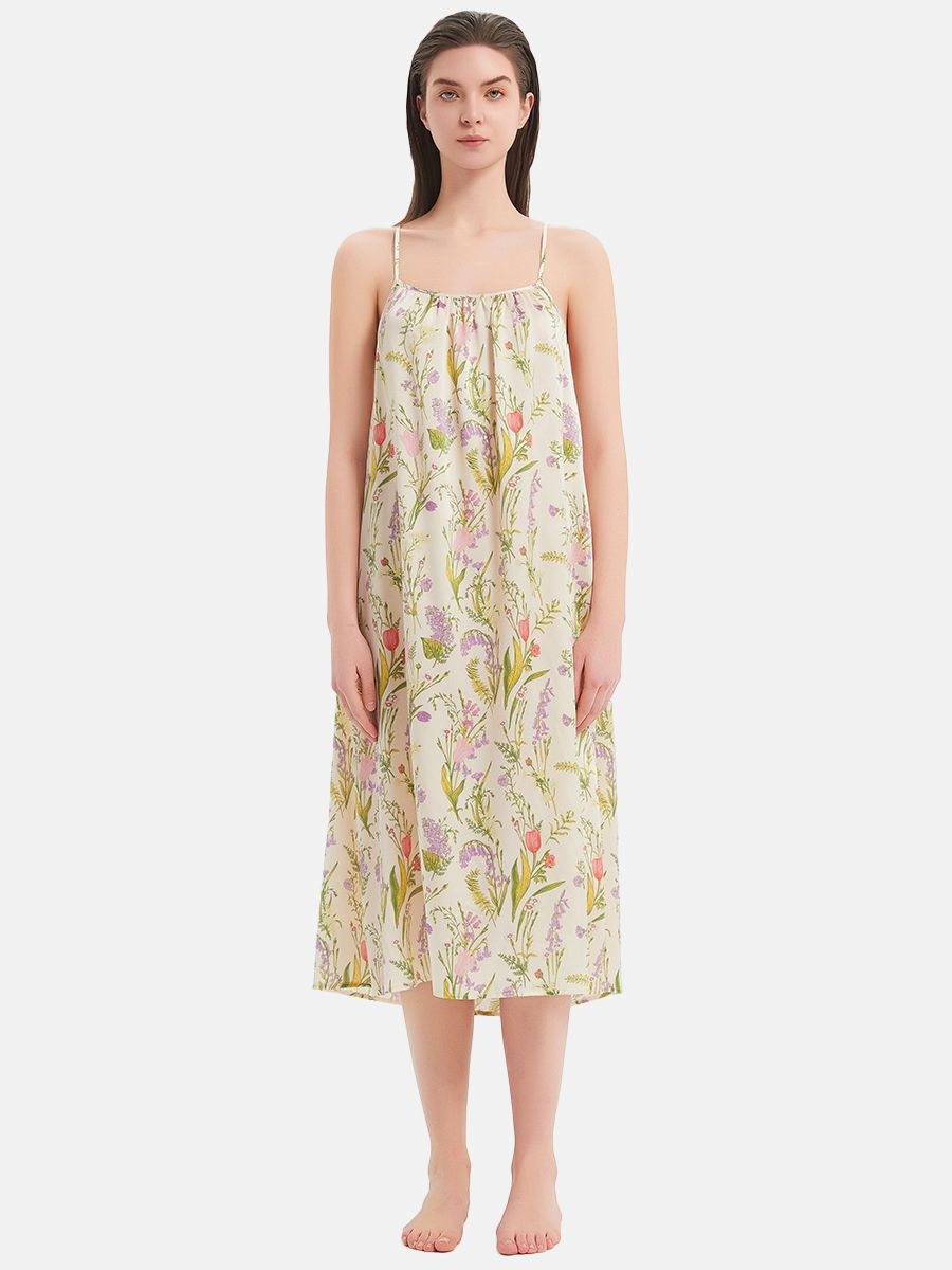 22 Momme Wildflower Print Spaghetti Strap Silk Midi Nightgown