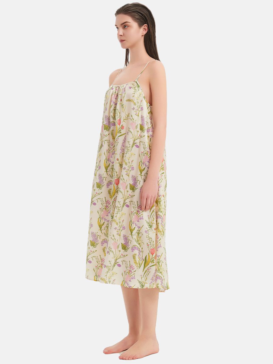22 Momme Wildflower Print Spaghetti Strap Silk Midi Nightgown