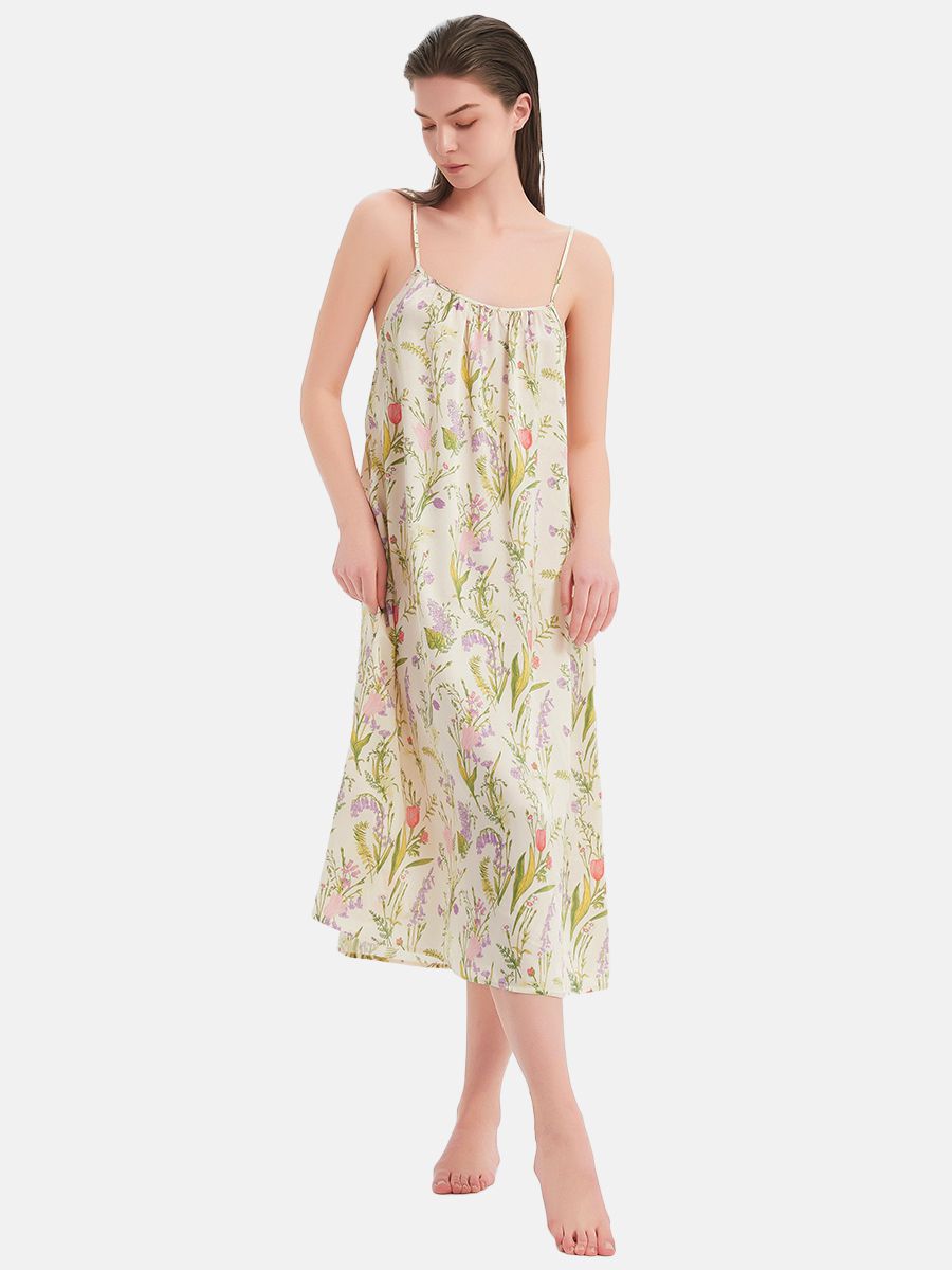 22 Momme Wildflower Print Spaghetti Strap Silk Midi Nightgown