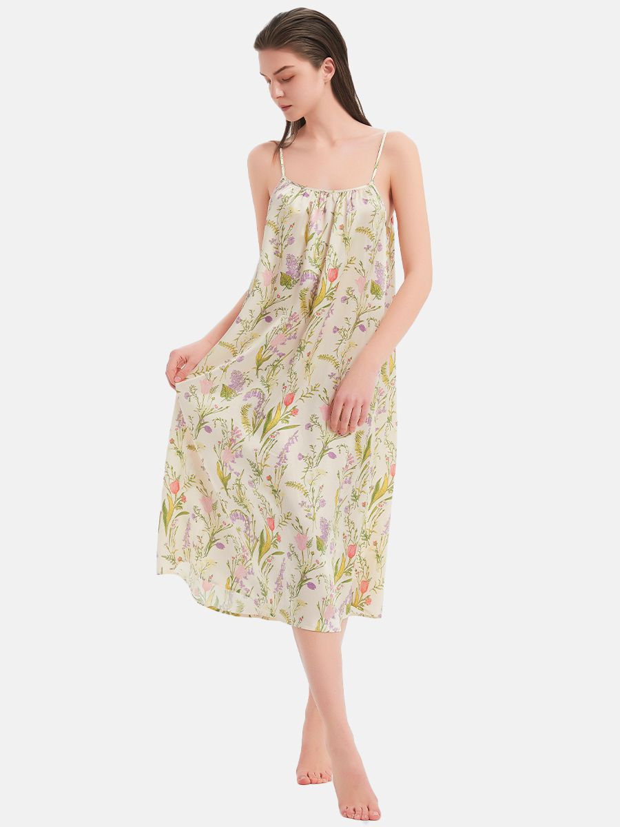 22 Momme Wildflower Print Spaghetti Strap Silk Midi Nightgown
