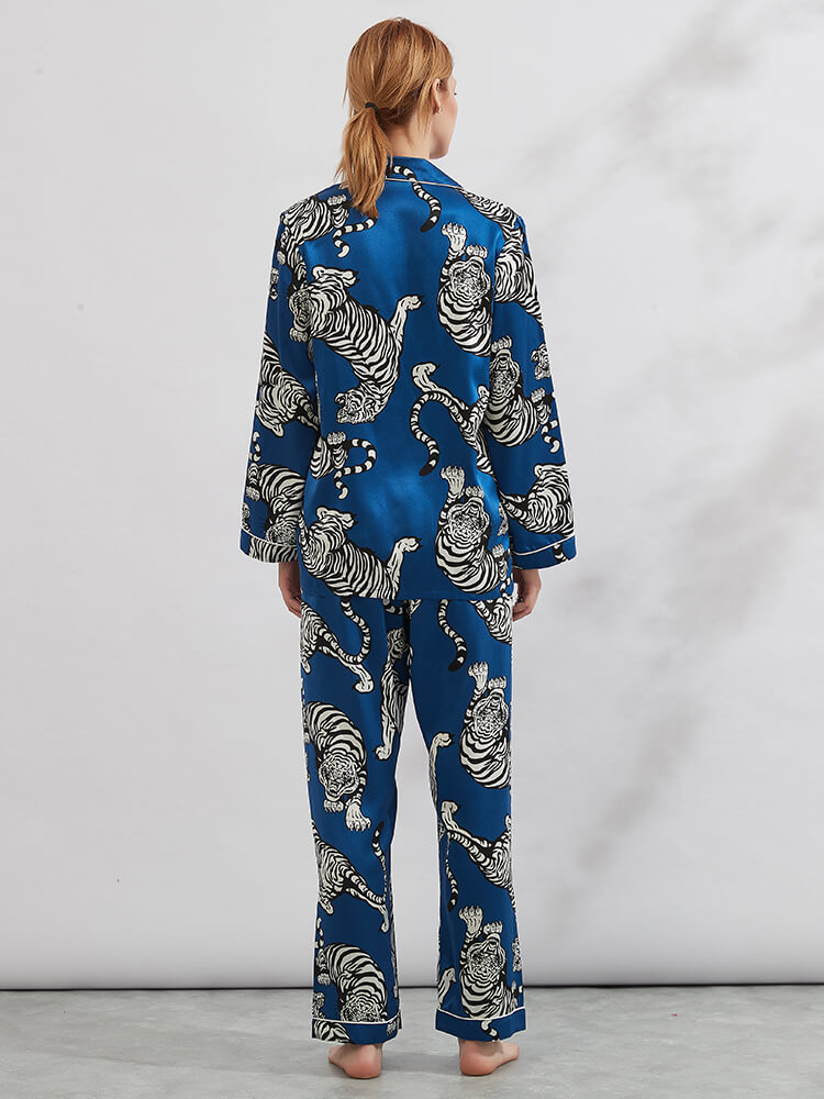 22 Momme Tiger Printed Blue 100% Silk Pajama Set for Women