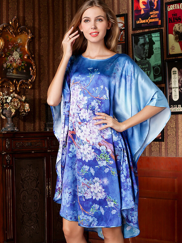 22 Momme Blue Cherry Blossom Printed Silk Kaftan Nightgown