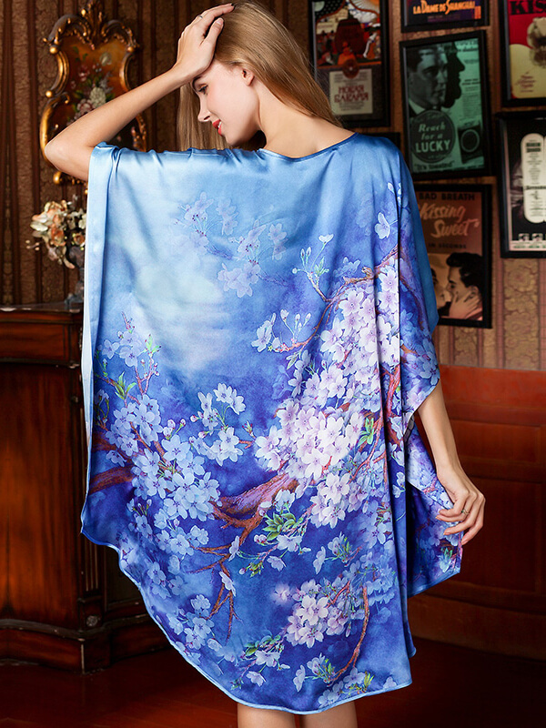 22 Momme Blue Cherry Blossom Printed Silk Kaftan Nightgown