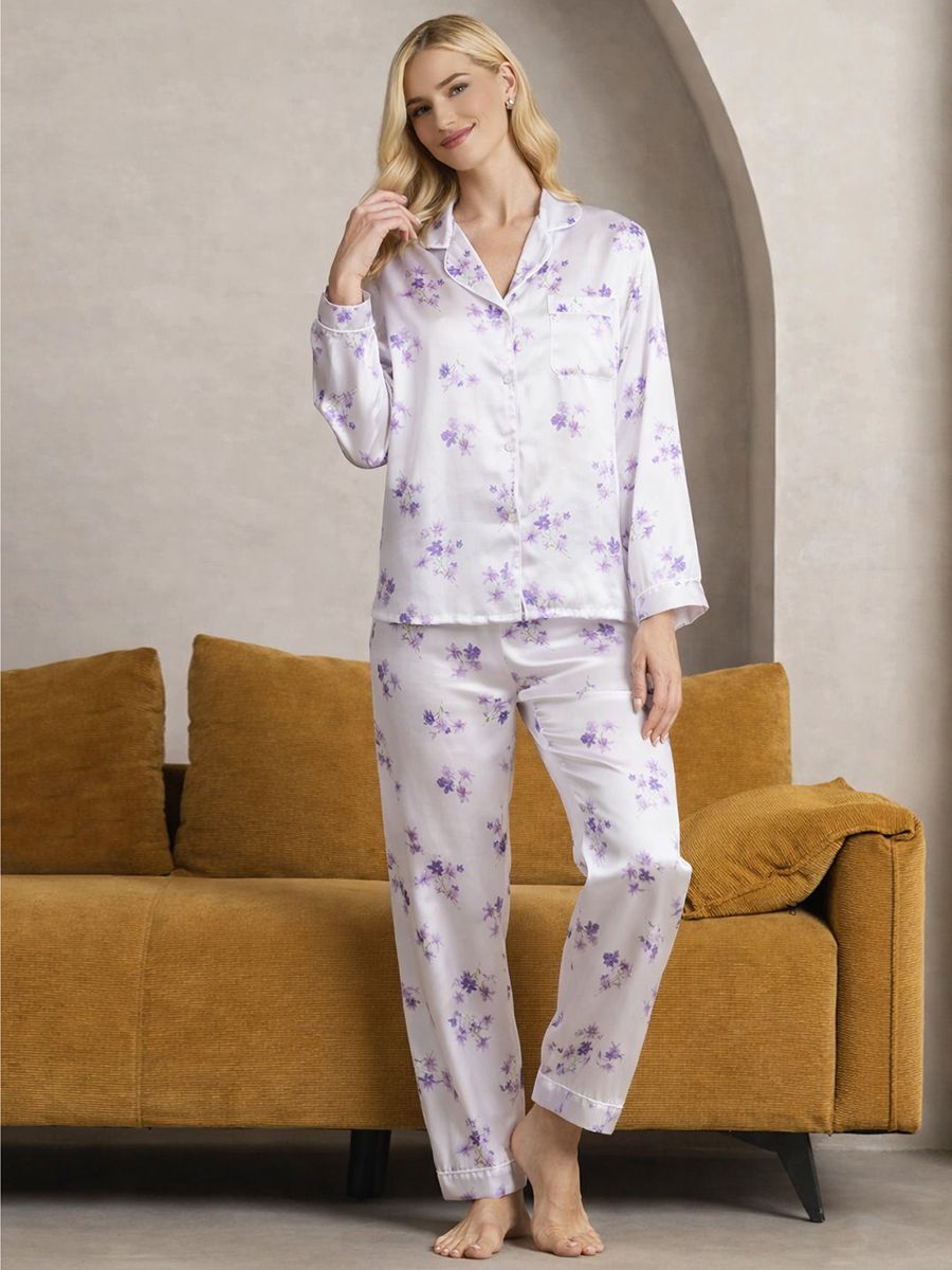 22 Momme Lavender Blossom Print Women White Silk Pajama Set