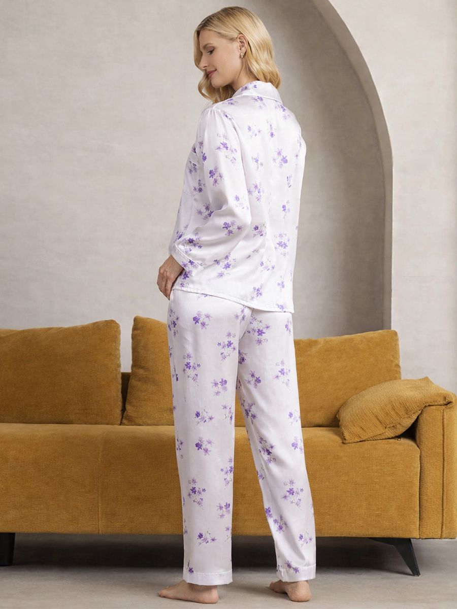 22 Momme Lavender Blossom Print Women White Silk Pajama Set
