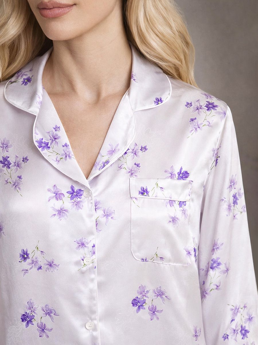 22 Momme Lavender Blossom Print Women White Silk Pajama Set