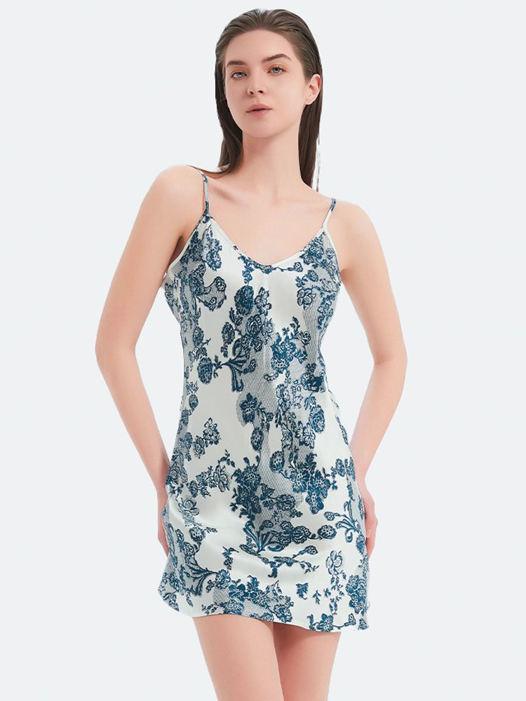 22 Momme White and Blue Vintage Floral Print Short Silk Chemise