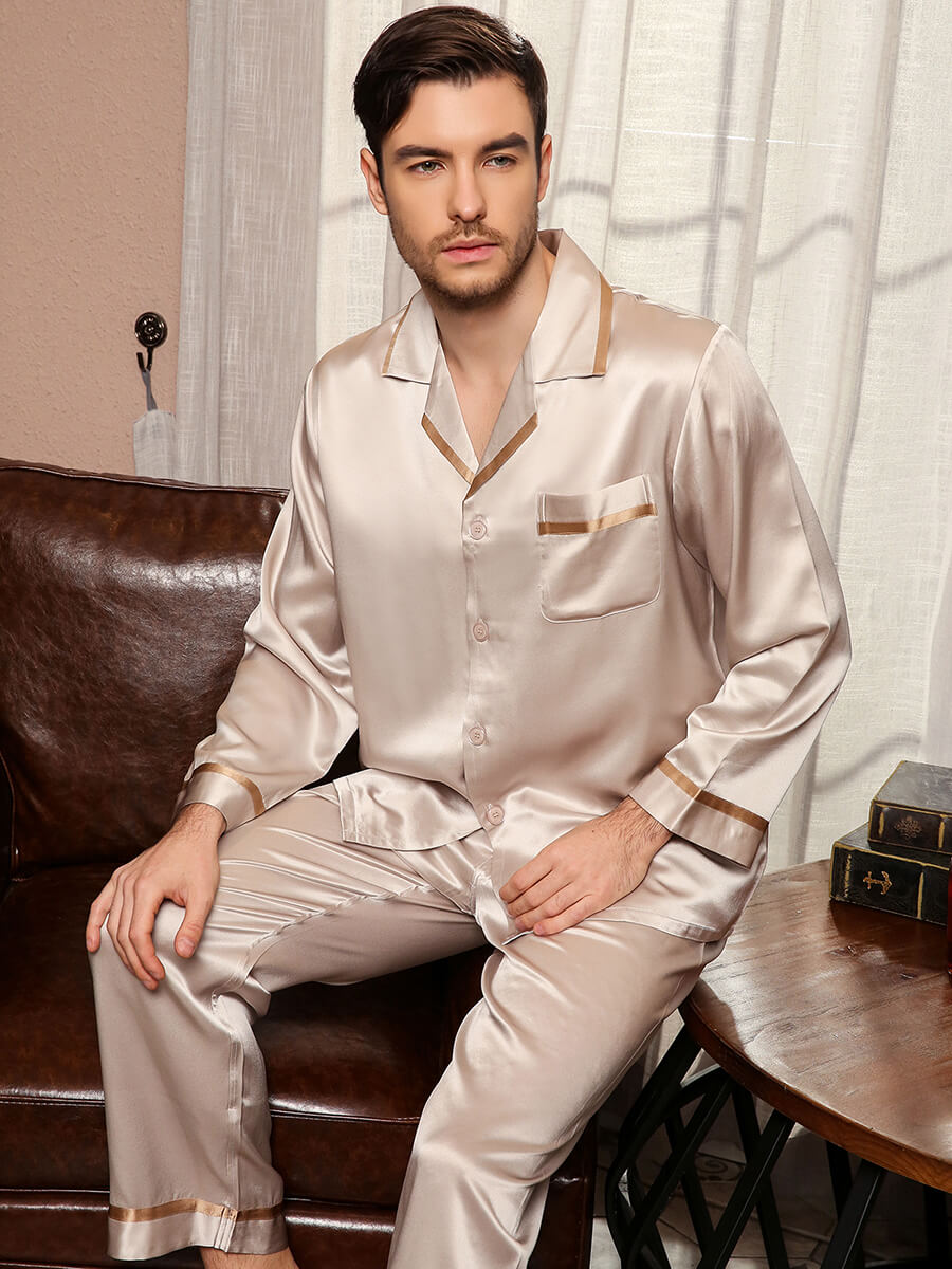 22 Momme Men's Luxurious Button-Up Piped Silk Pajama Set