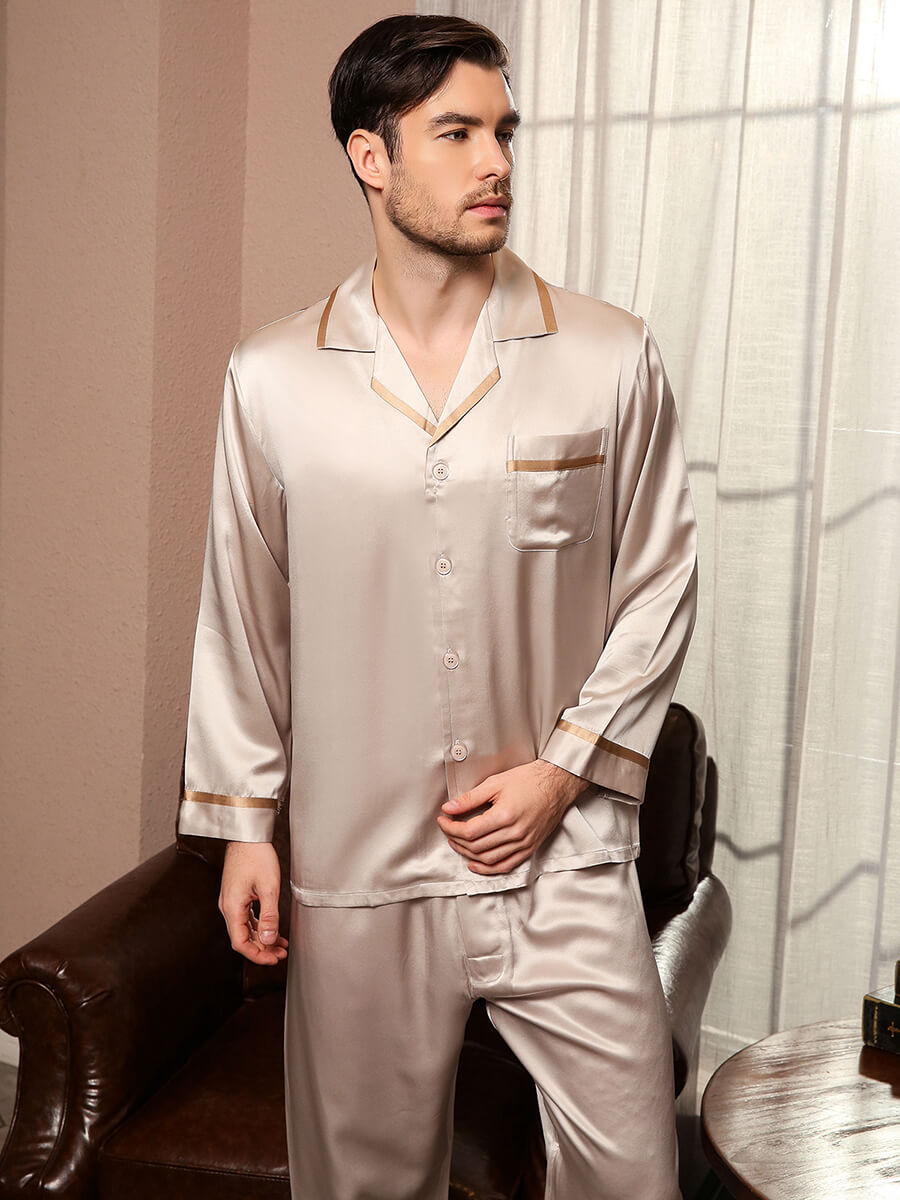 22 Momme Men's Luxurious Button-Up Piped Silk Pajama Set