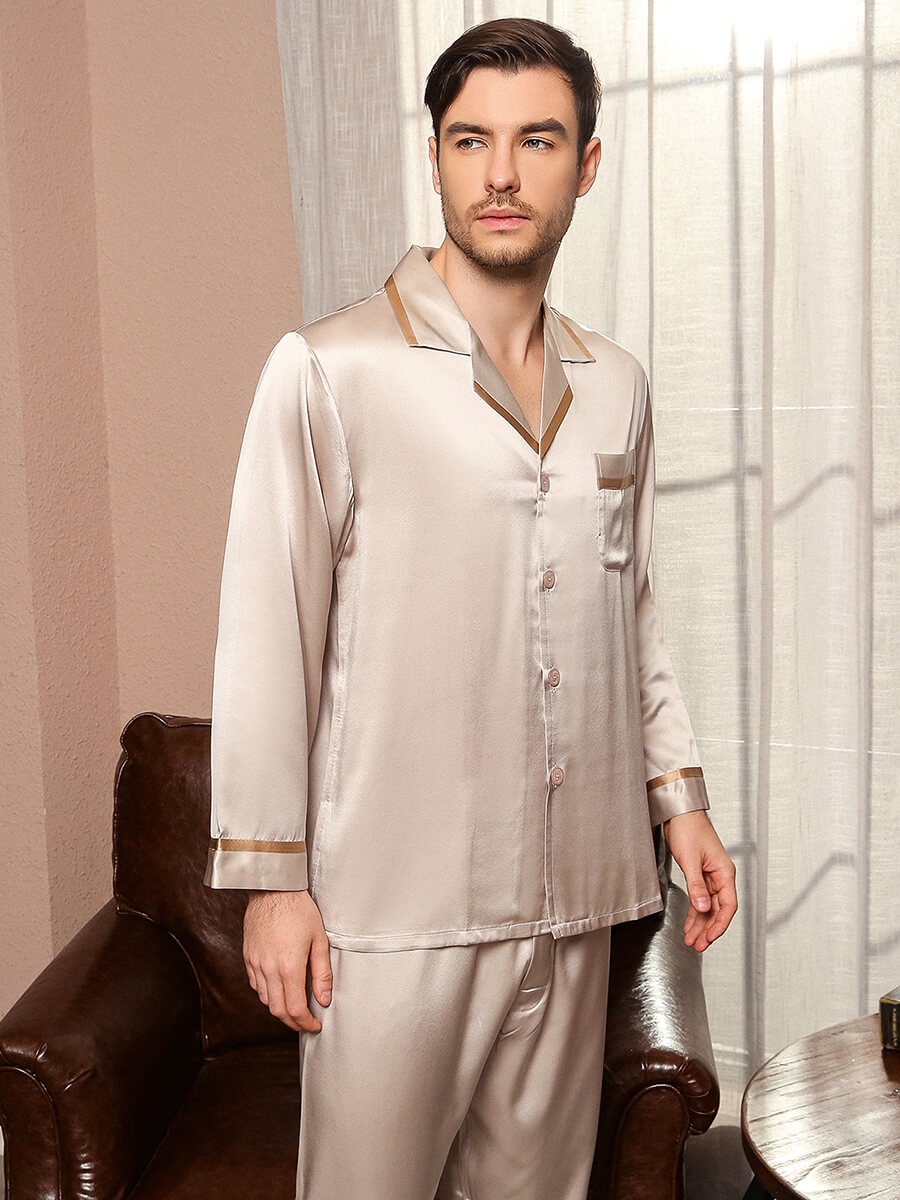 22 Momme Men's Luxurious Button-Up Piped Silk Pajama Set