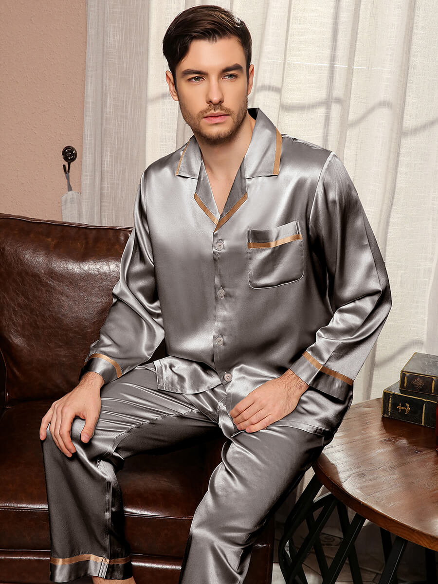 22 Momme Men's Luxurious Button-Up Piped Silk Pajama Set