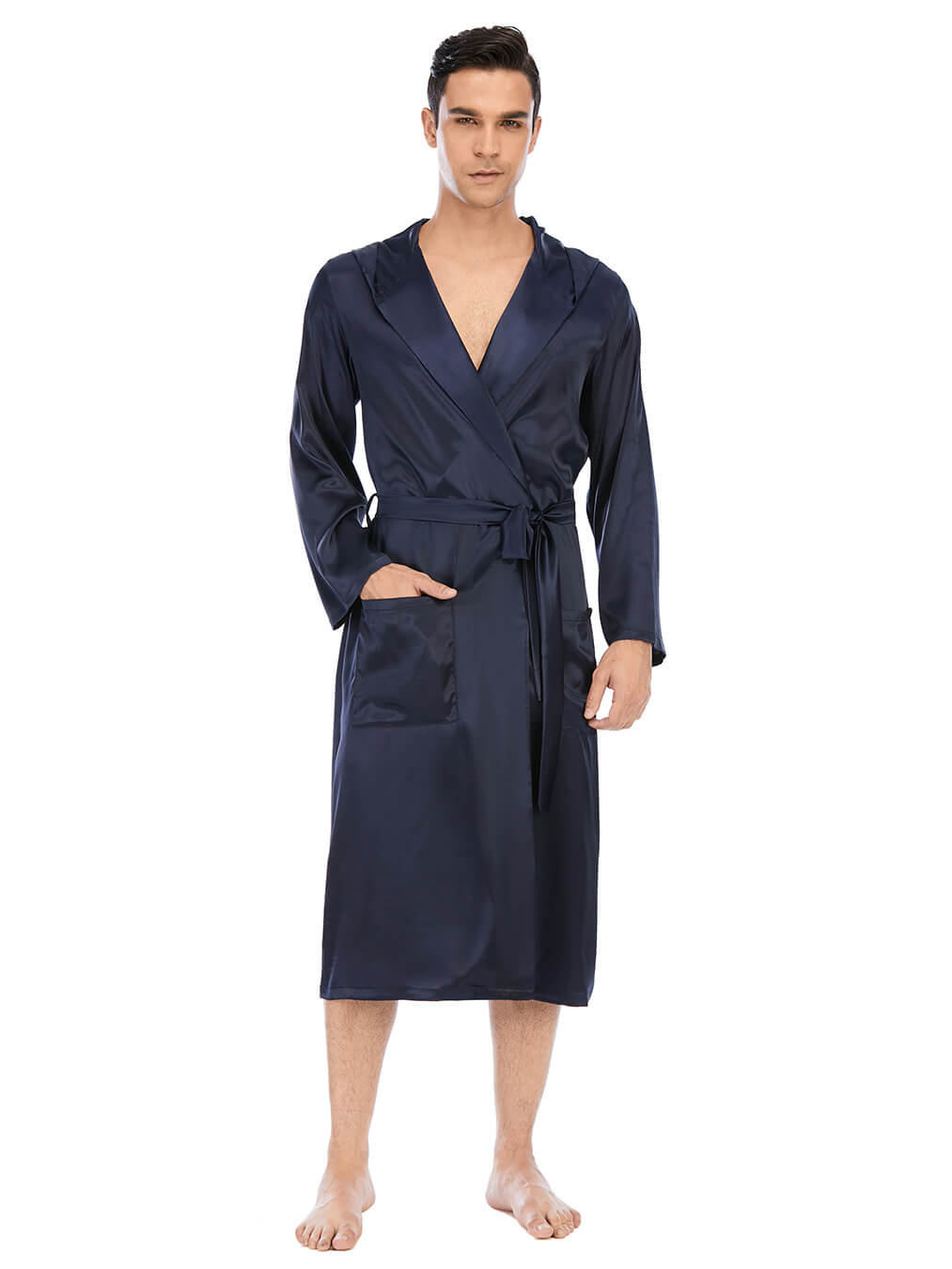 22 Momme Men's Hooded Long Silk Robe with Belt and Pockets