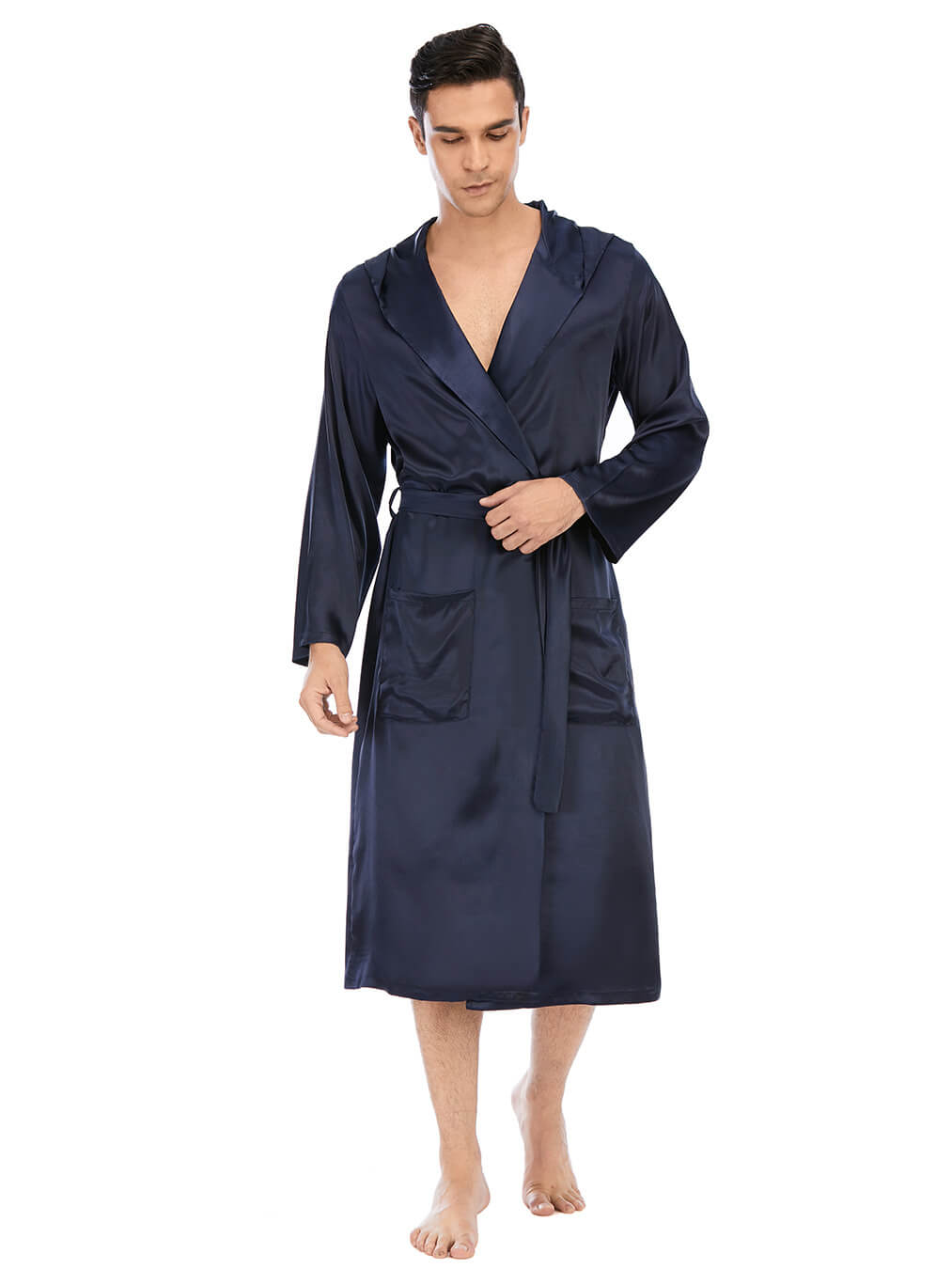 22 Momme Men's Hooded Long Silk Robe with Belt and Pockets