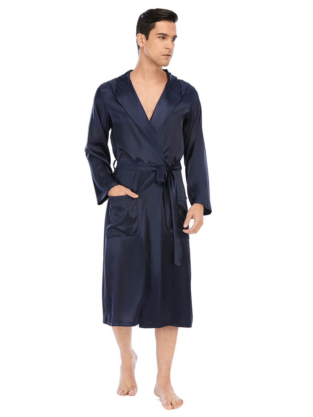 22 Momme Men's Hooded Long Silk Robe with Belt and Pockets