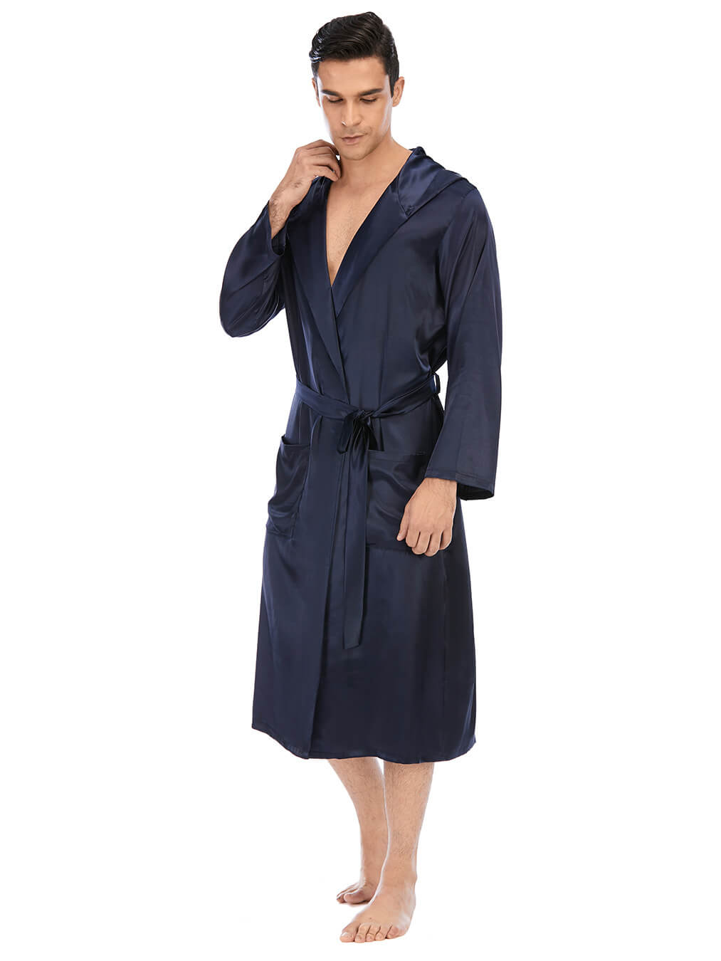 22 Momme Men's Hooded Long Silk Robe with Belt and Pockets
